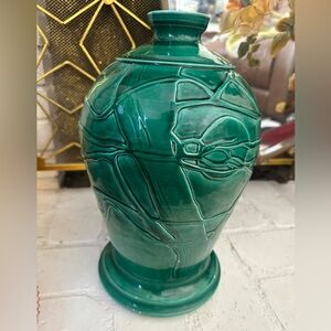 Signed Studio pottery malachite green trees and moon high shoulder  vase